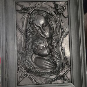 Vintage Madonna Virgin Mary Baby Jesus Formed Leather Framed Wall Art 19"x14"